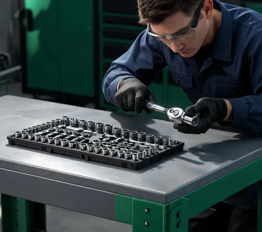 Technician using Gearwrench ratchet on a steel workbench