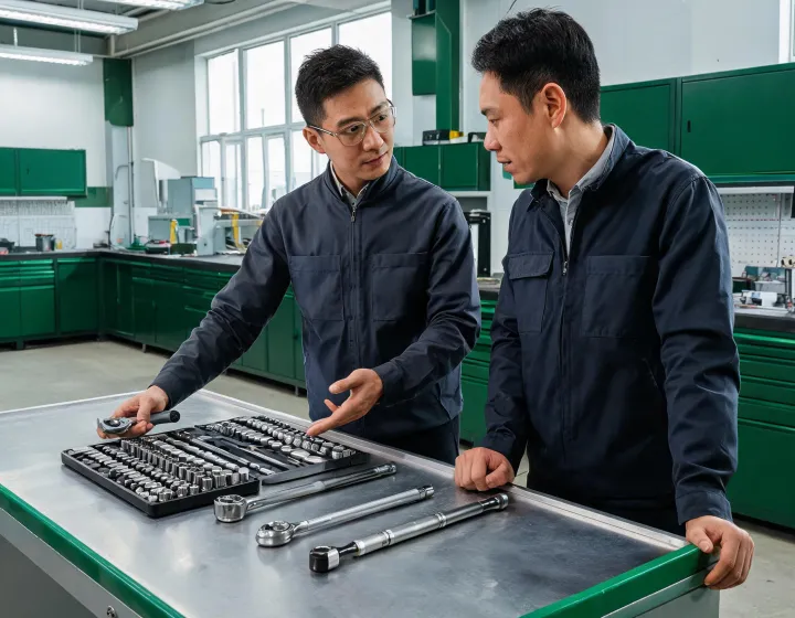 Trade advisor reviewing Gearwrench tool sets with a shop supervisor